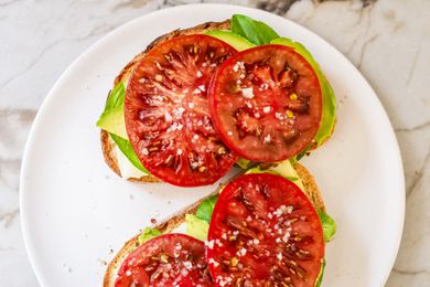 3-ingredient tomato sandwich (open-faced) on a plate