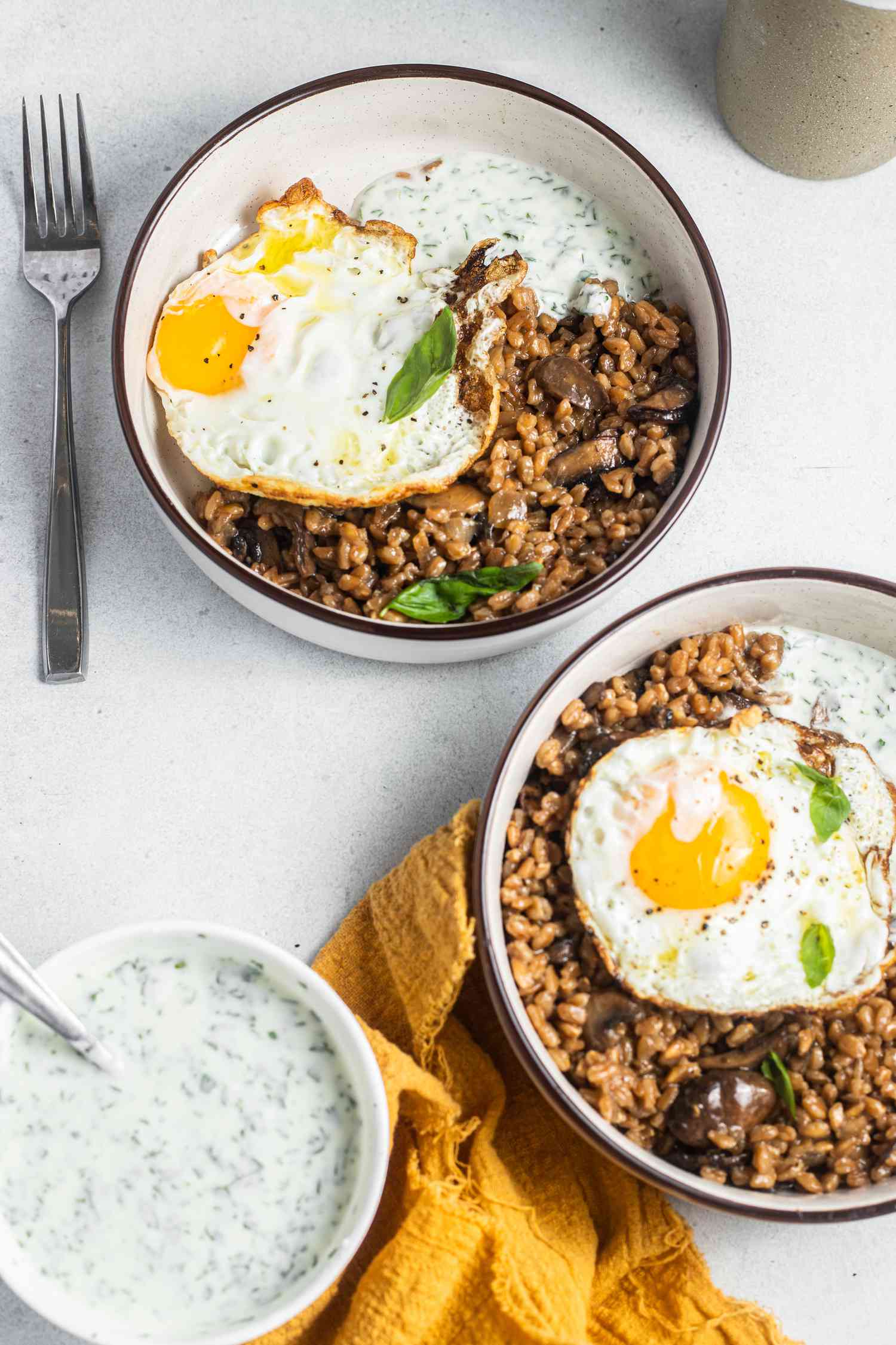Farro, Mushroom, and Egg Grain Bowls with a Fork