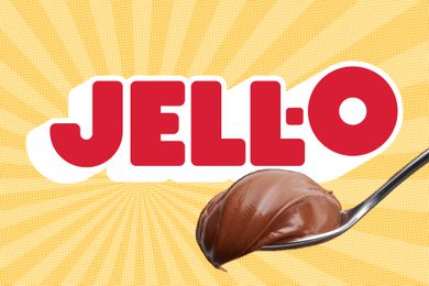 Jell-O logo and a spoonful of chocolate pudding