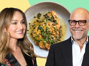 portrait of Giada De Laurentiis, Chicken Piccata, and Alton Brown