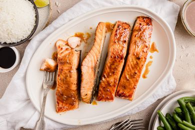 Miso Glazed Salmon on a Platter with a Fork