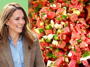 Kate Middleton smiling next to a bowl of watermelon salad with ingredients like cucumbers and feta cheese