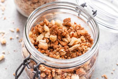 Stovetop Breadcrumb Recipe - swing top lid jar filled with toasted breadcrumbs