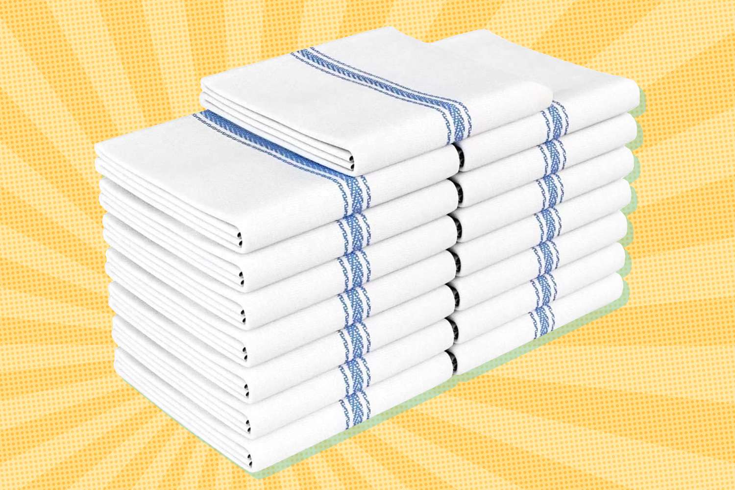 A folded stack of white kitchen towels with a blue stripe running up the center of each