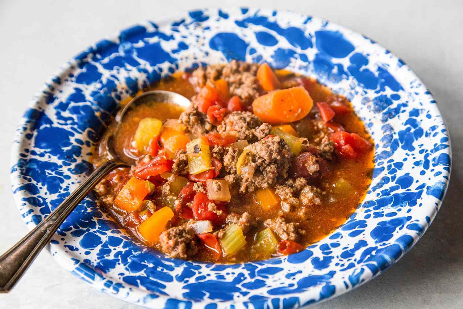 Serving of Easy Hamburger Soup in a bowl 