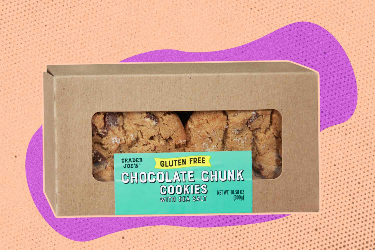 Trader Joe's chocolate chunk cookies box on an illustrated background
