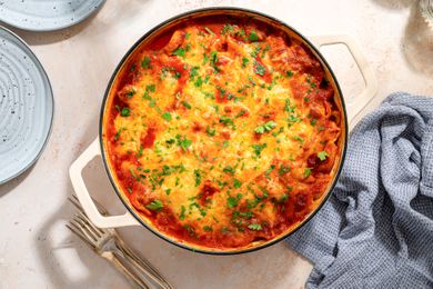 overhead view of Tortellini Pasta Bake in a baking dish