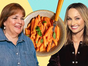 A bowl of penne alla vodka with Ina Garten superimposed on one side and Giada de Laurentiis on the other