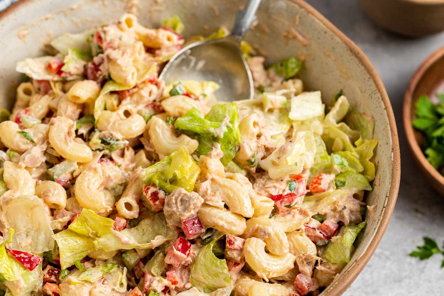 Tuna macaroni salad in a serving bowl.