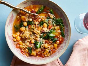 Soup in a pink bowl 