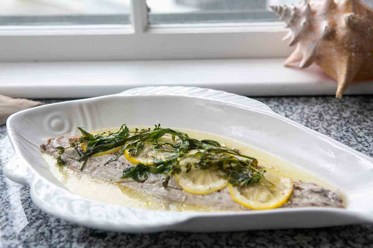 baked bluefish in serving dish