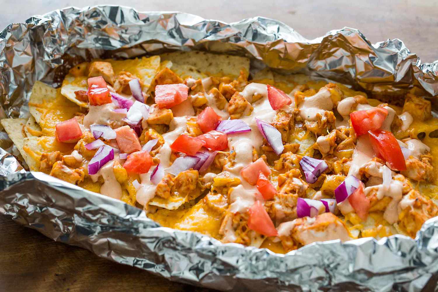 Grilled Chicken Nachos in Foil with Sour Cream BBQ Sauce
