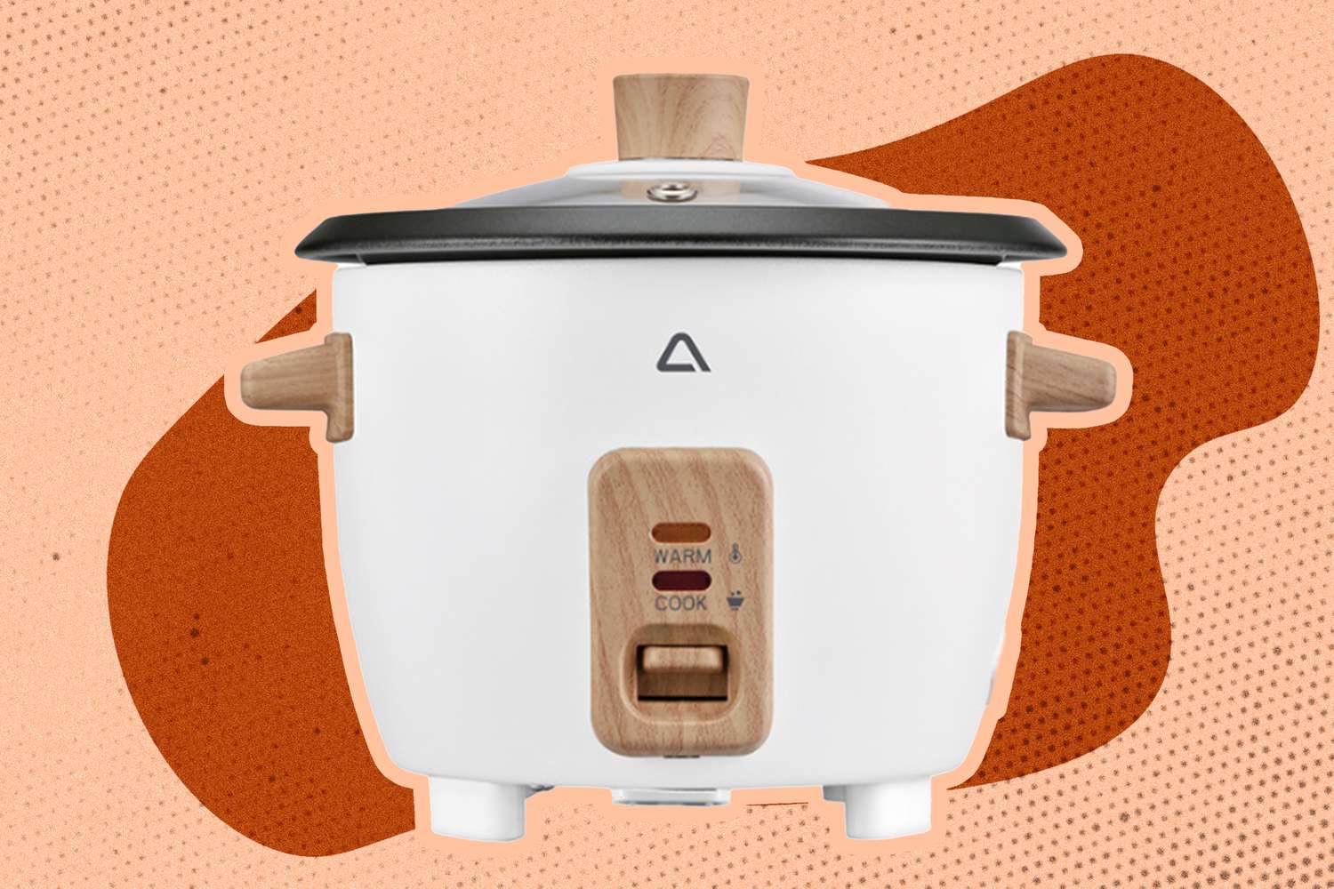 A white rice cooker with fake wood details