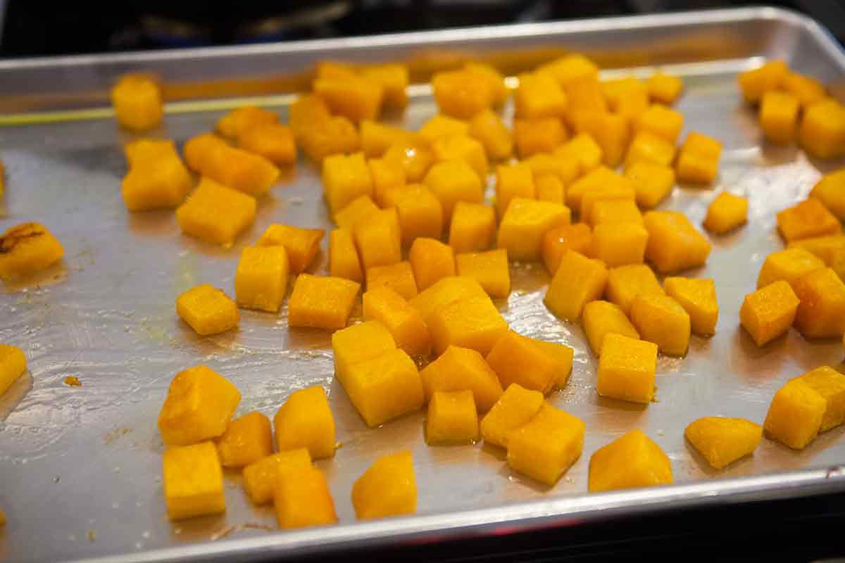 Cubed Butternut Squash On Baking Sheet