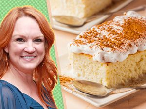 Ree Drummond next to a dessert slice of tres leches cake