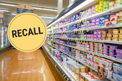 A grocery store aisle with a "recall" badge superimposed