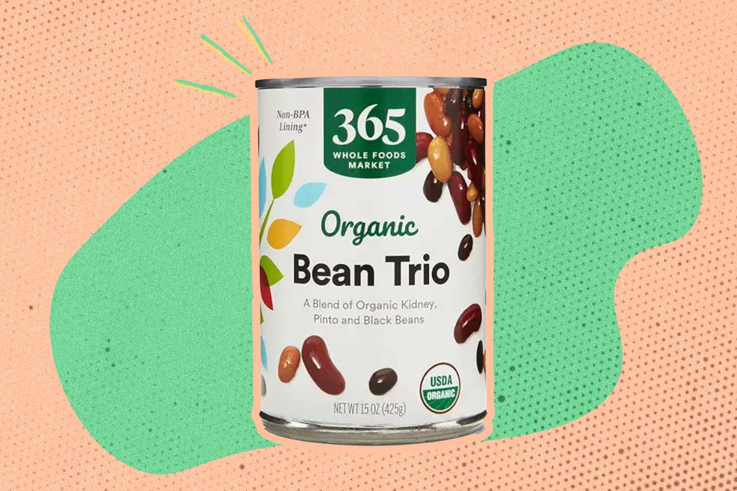 can of 365 Whole Foods Market Organic Bean Trio on a graphic background