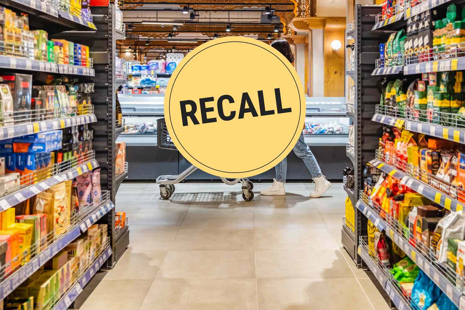 Grocery store aisle with a recall warning overlay