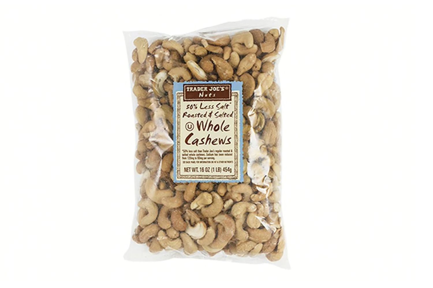 A bag of Trader Joe's 50% Less Salt Roasted & Salted Whole Cashews