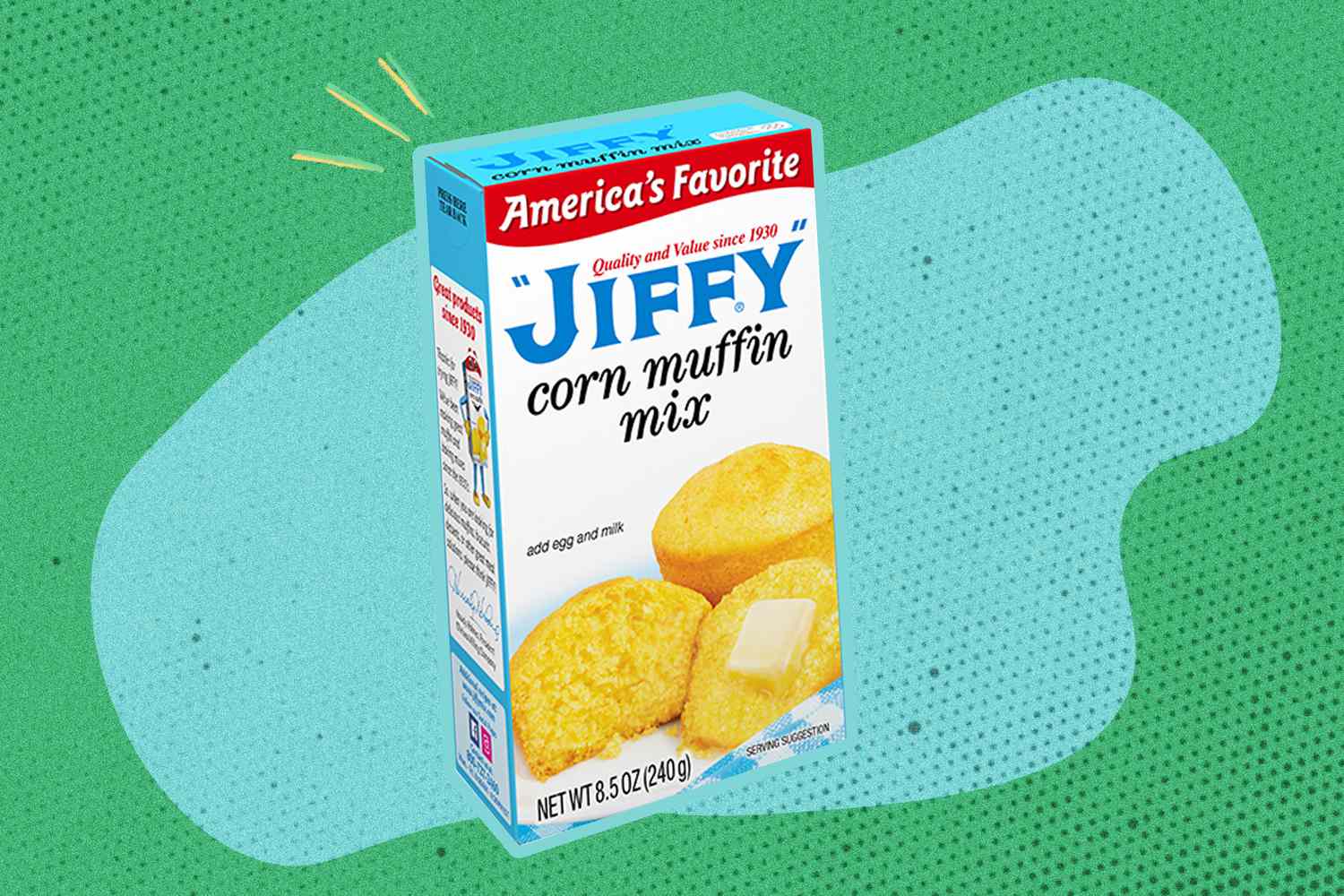 A Jiffy corn muffin mix box on a green an blue illustrated background