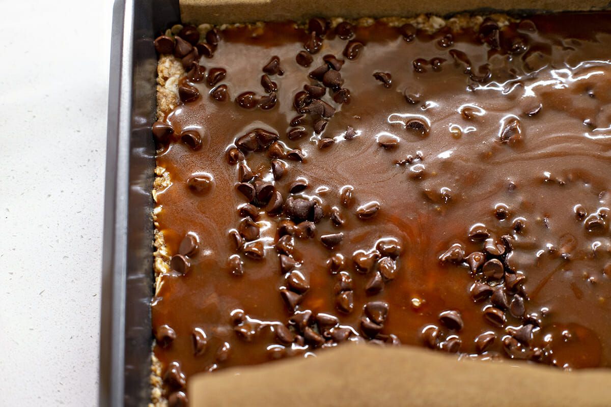 Chocolate Carmelita Bars - chocolate in baking dish