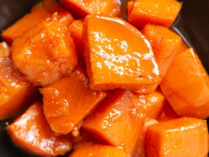 Close-up photo of candies yams in a bowl