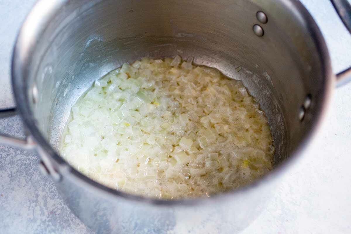 Mac and Cheese with Chicken cook the onions