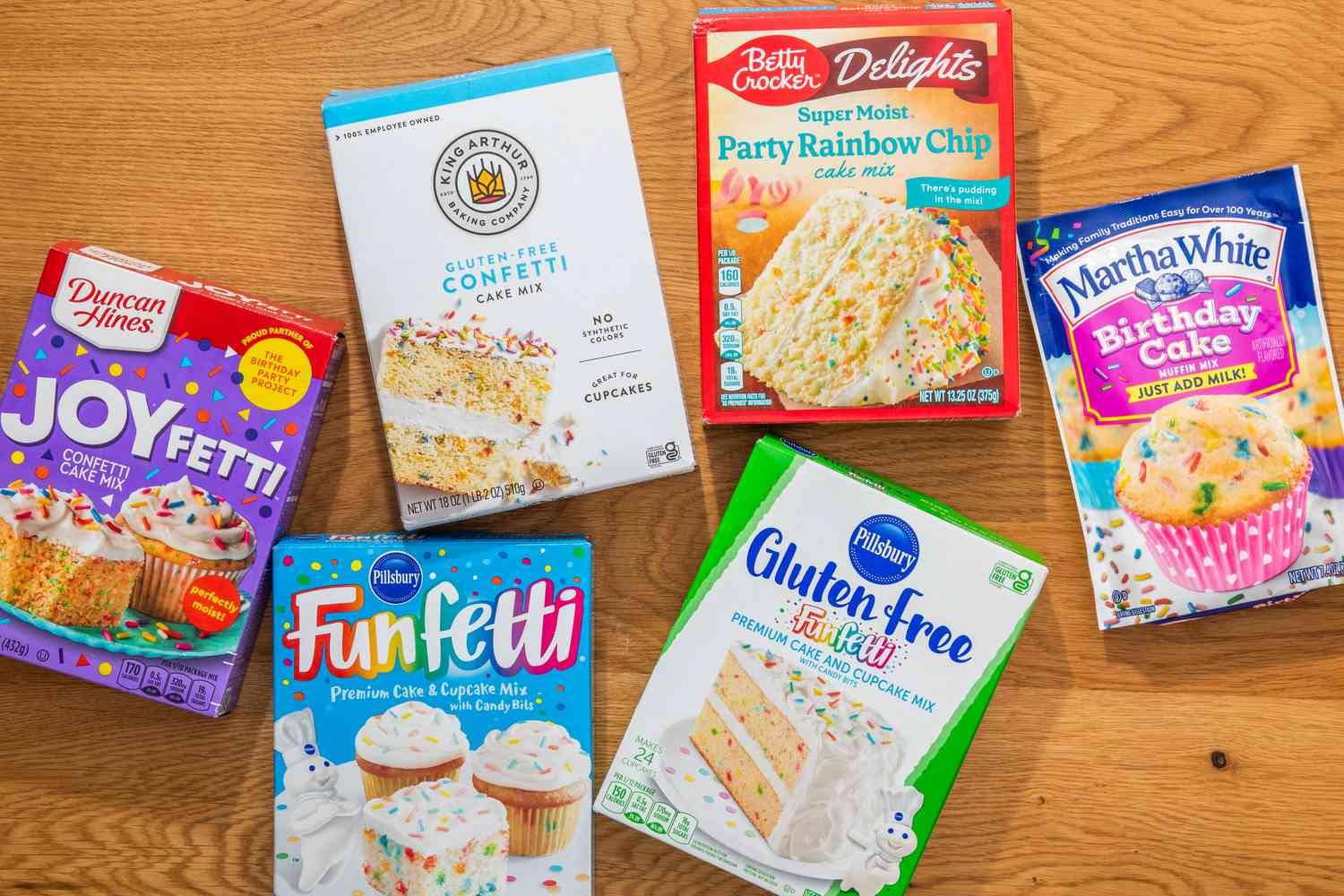 Confetti cake box mixes on a table