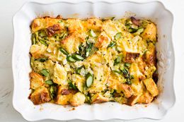 Asparagus Artichoke Breakfast Casserole in a casserole dish