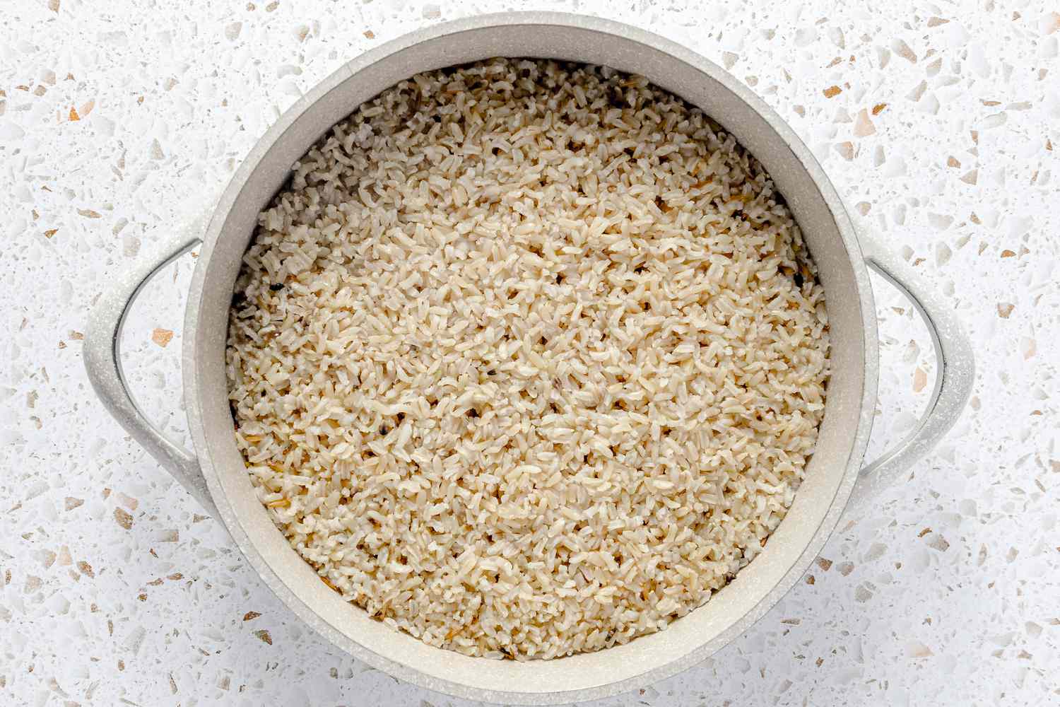 Pot of Cooked Rice for Rice and Beans Burritos Recipe