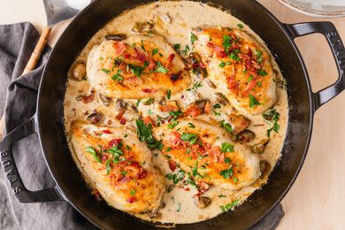 overhead view of Chicken Supreme in a large cast iron skillet