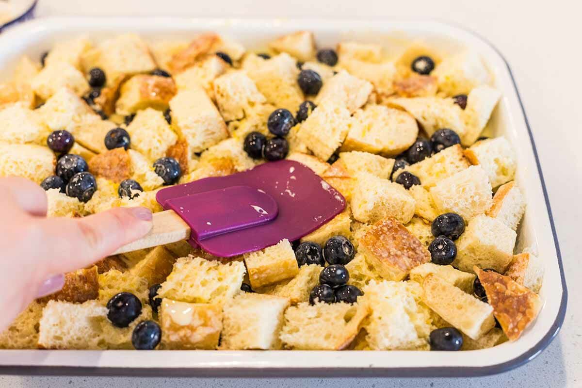 Overnight Baked French Toast with Blueberries add the custard