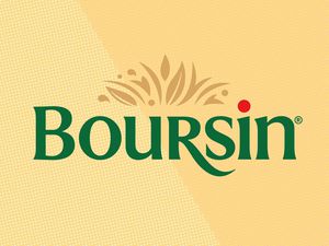 Boursin cheese logo displayed on a yellow background