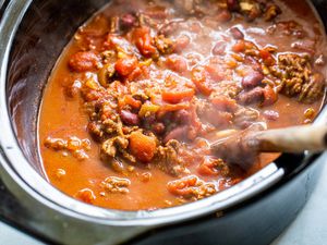 Tailgate Beef Chili Recipe in a crock pot.