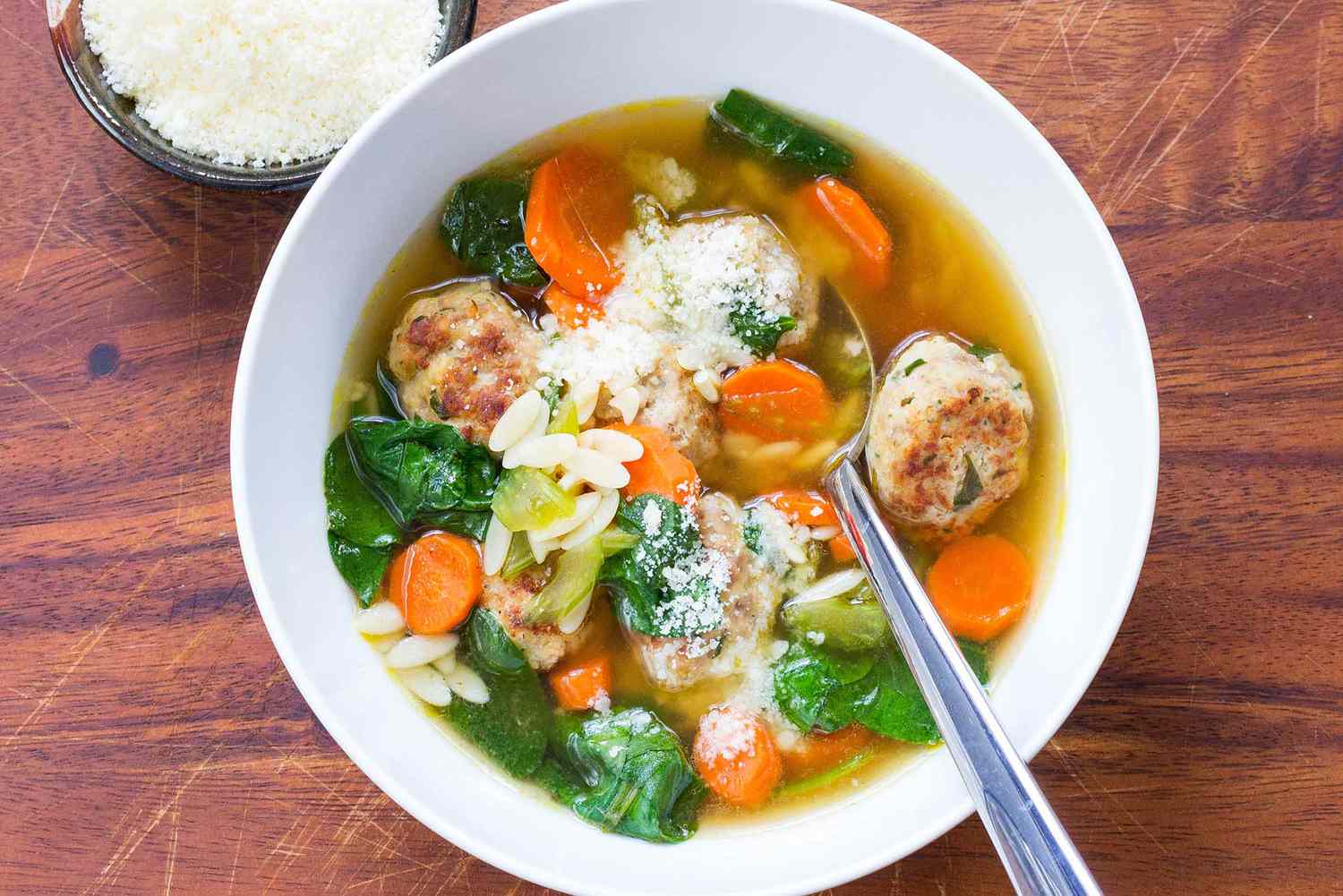 A bowl of turkey meatball soup