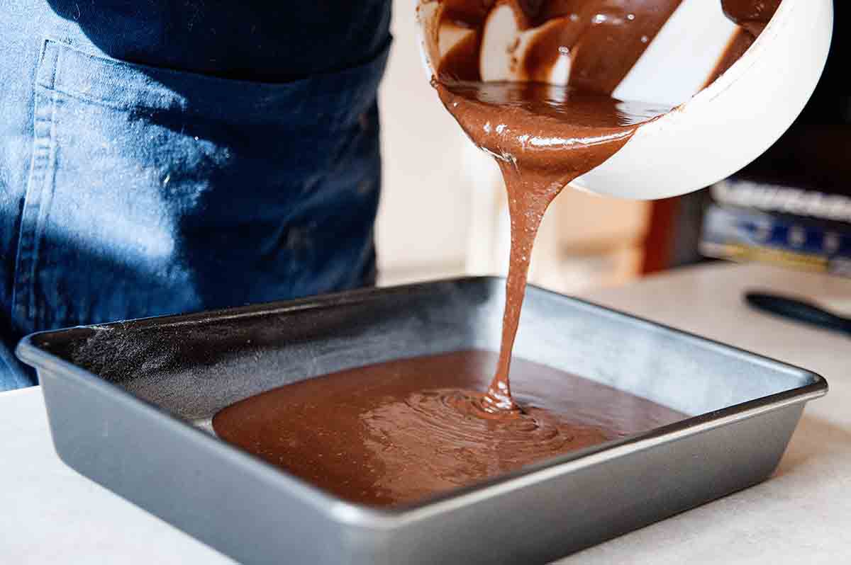 Chocolate Cake with Sour Cream - Pouring the batter in the pan