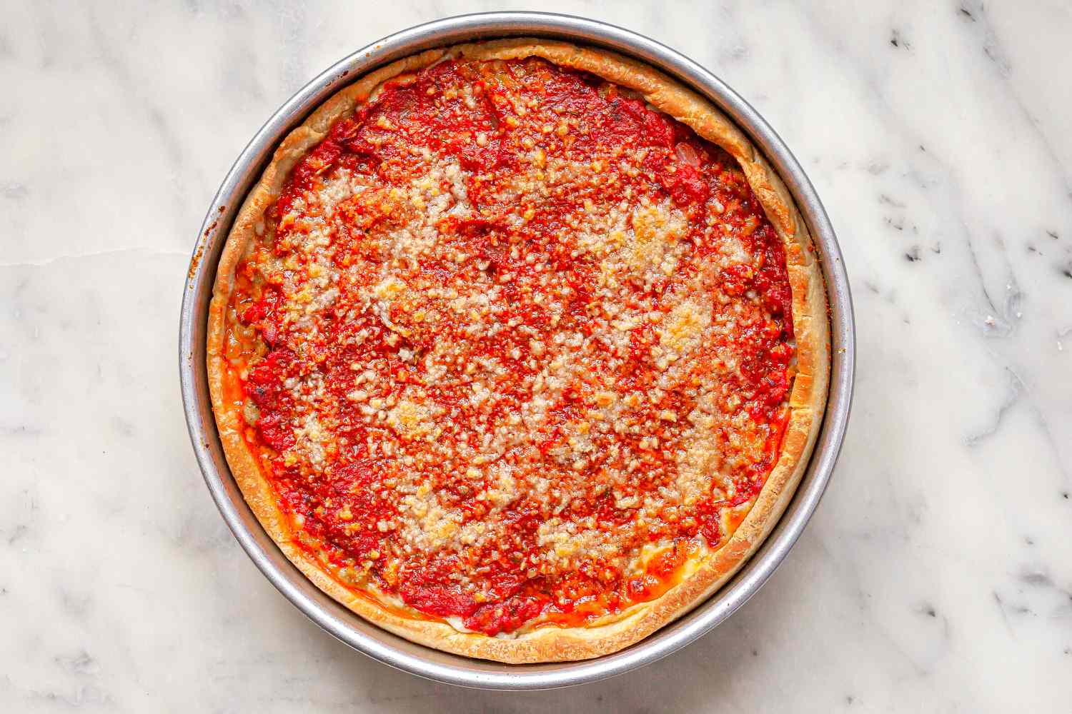 Baked Homemade Chicago-Style Deep Dish Pizza.