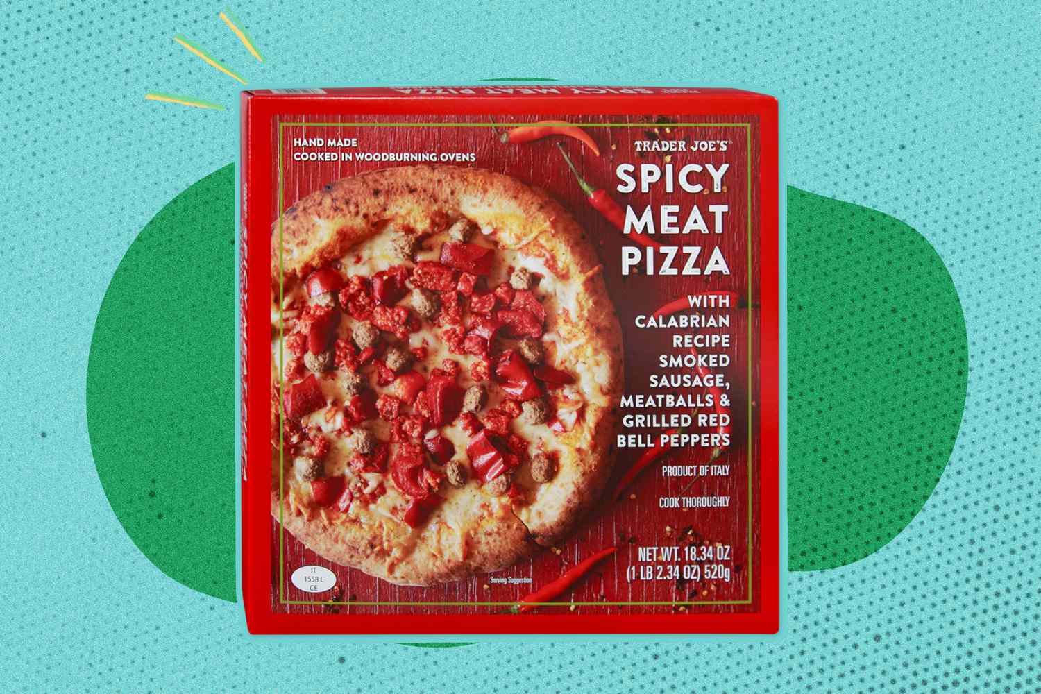 A Trader Joe's frozen pizza box on an illustrated green and blue background
