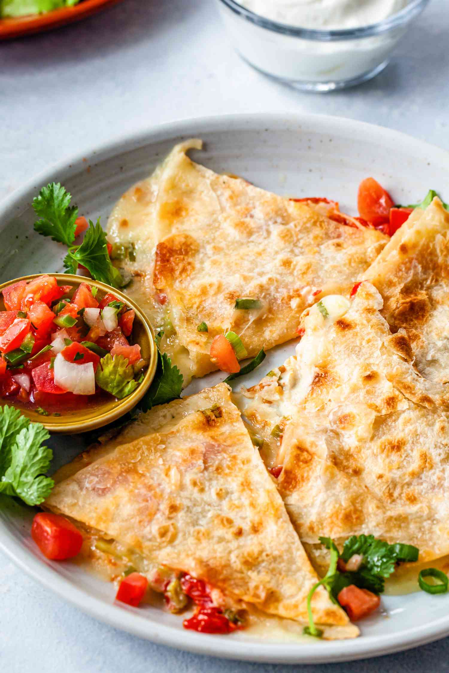 A plate with a quesadilla and salsa.