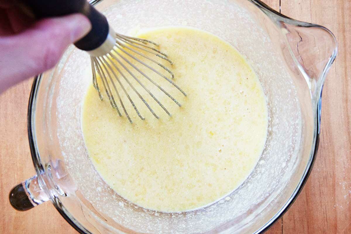 Whisking the filling for a homemade chess pie.