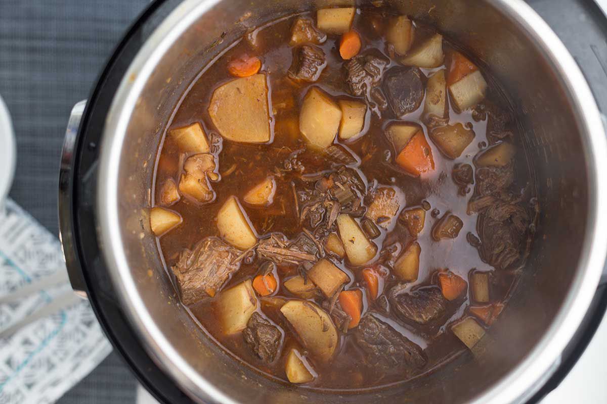 Finished Guinness Beef Stew in the pressure cooker