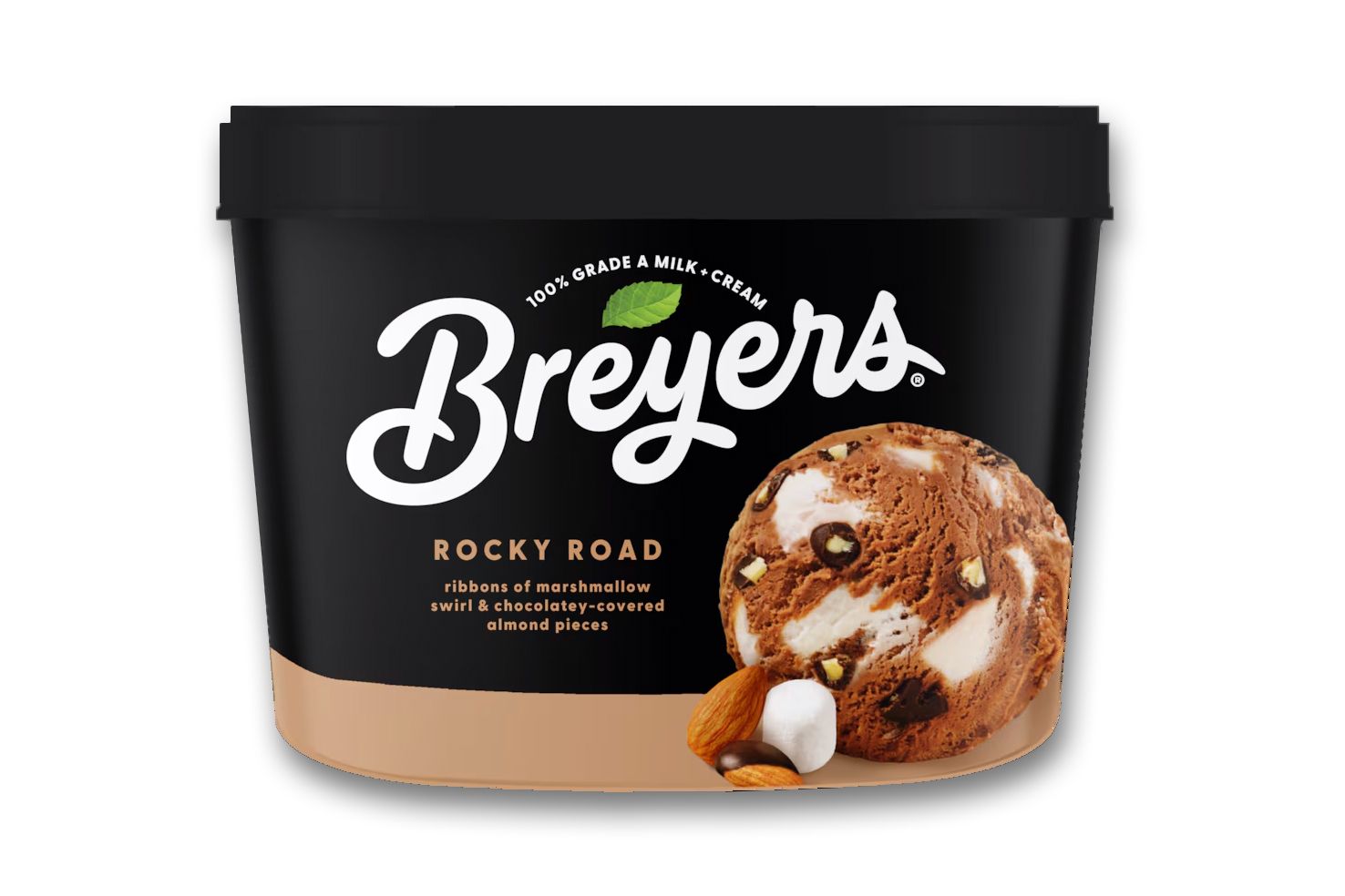 Breyers Rocky Road ice cream tub with text and picture of the flavor details