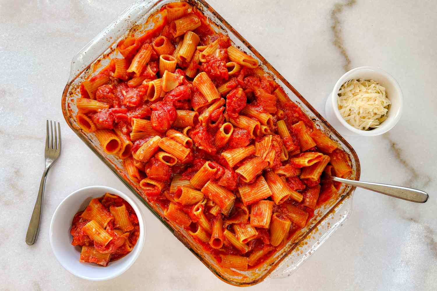 Overhead shot of a baking dish with a pasta in tomato sauce