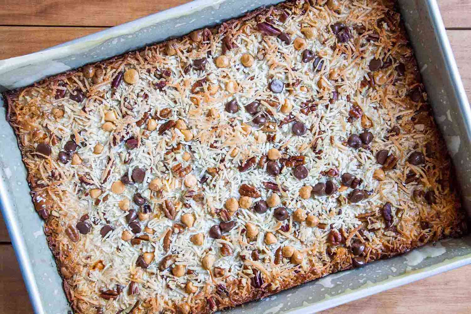 Baked 7-Layer Magic Bars in a baking pan