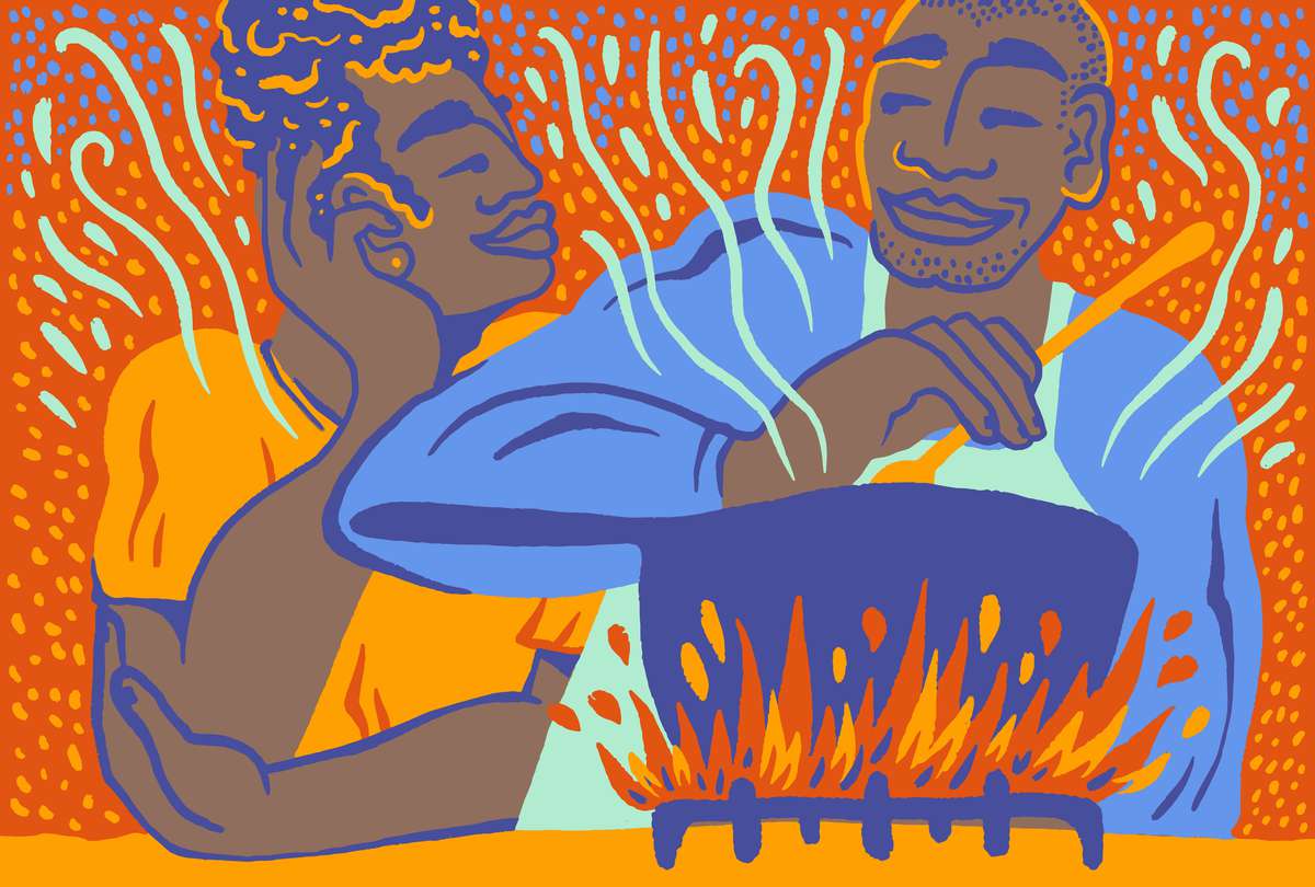 Two figures cooking together over a stove with flames depicted in an artistic style