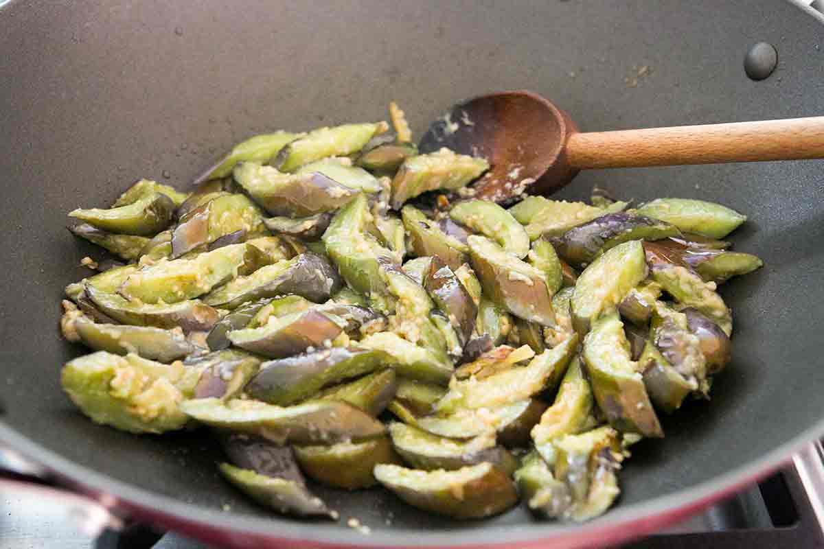 add miso sake mixture to stir fried japanese eggplant