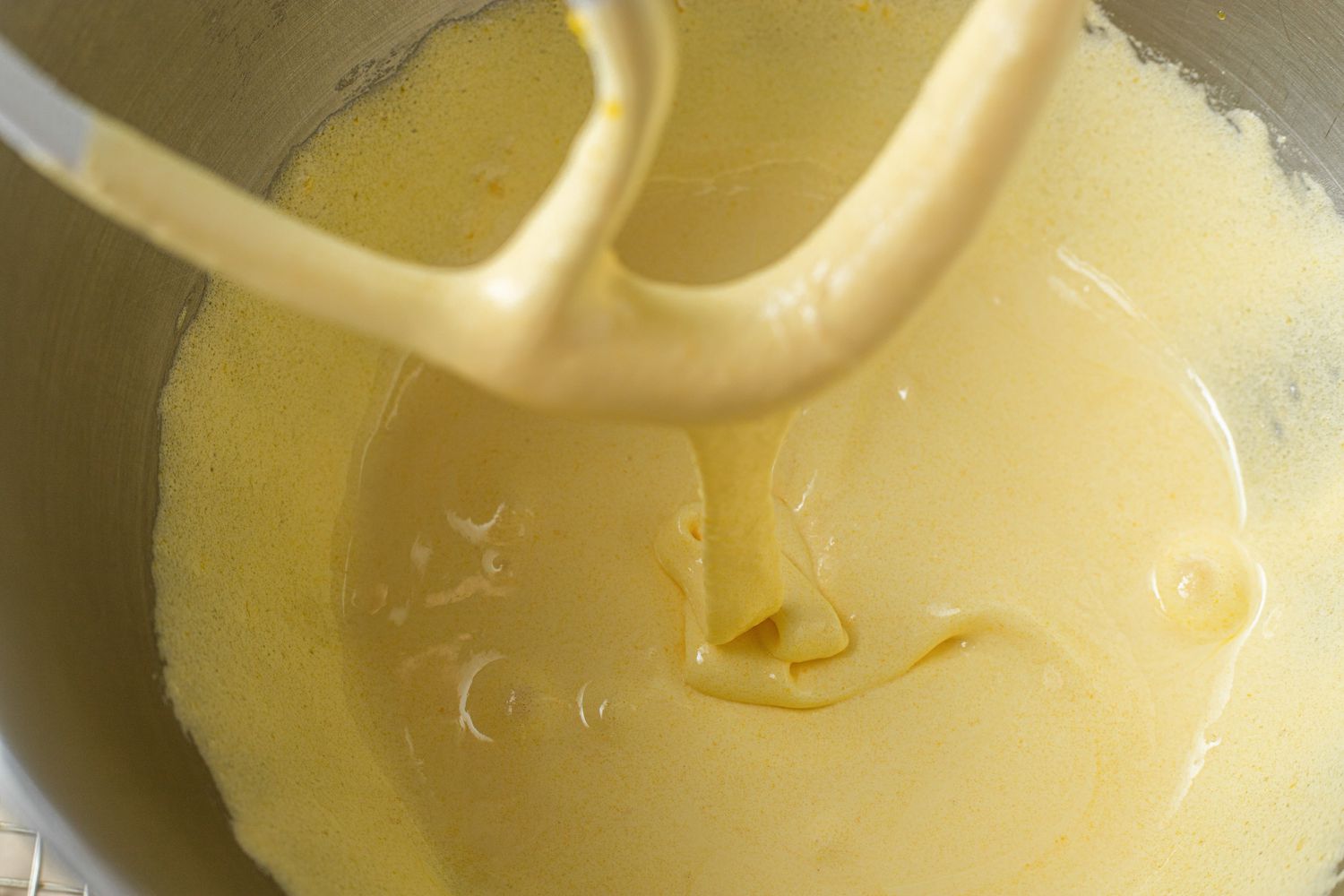 Egg Yolk and Sugar Whipped in Stand Mixer for Pistachio Cardamom Tres Leches Cake