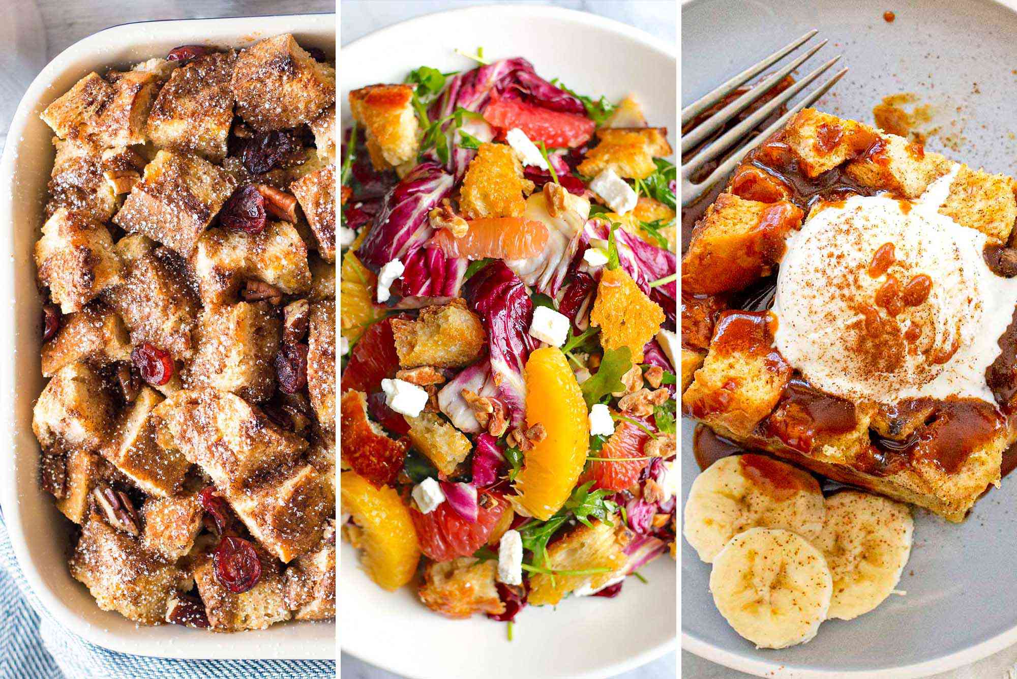 Three photos side by side. On the left is a photo of french toast casserole. The middle photo is Radicchio Salad with Citrus. The photo to the right is Slow Cooker Banana Bread Pudding with caramel sauce, whipped cream and sliced bananas on the side.