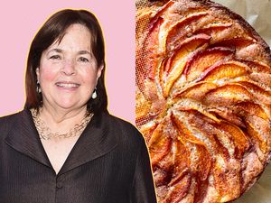 A split image of Ina Garten and a peach tart
