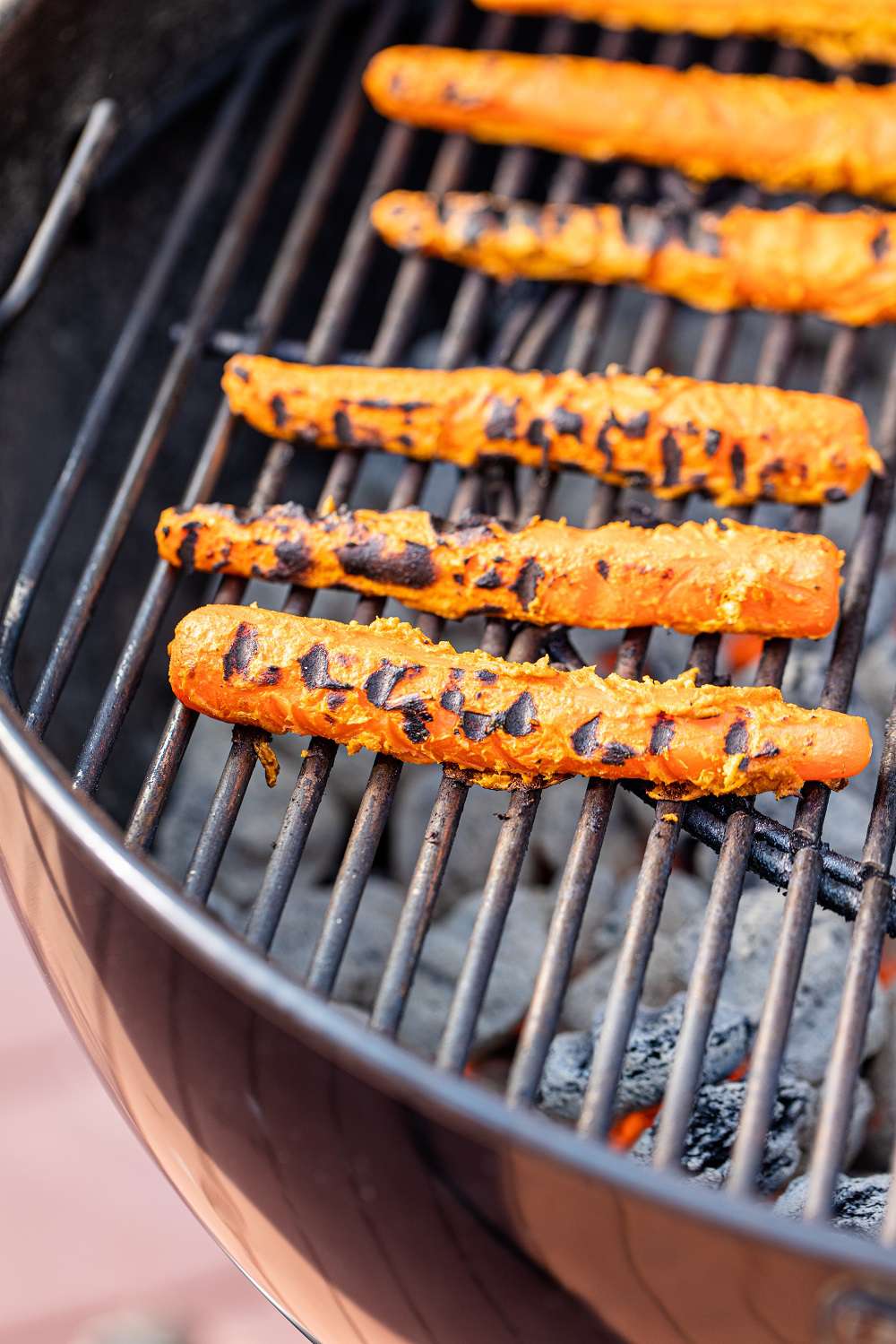 Carrots on Grill for Grilled Carrot Dogs with BBQ Mustard Paste